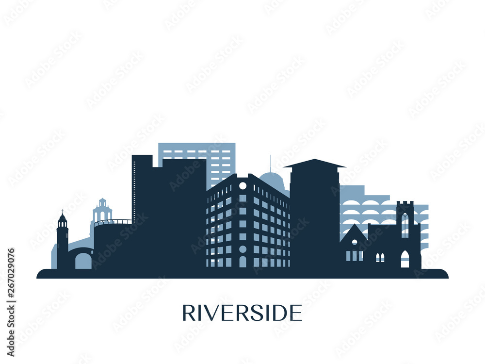 Riverside skyline, monochrome silhouette. Vector illustration.