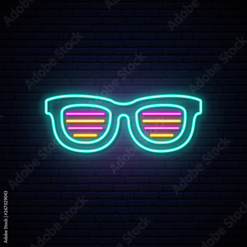 Neon shutter shades sunglasses. Bright signboard. Vector illustration.