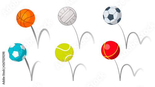 Bounce Balls Sport Playing Equipment Set Vector. Basketball And Soccer Or Football, Volleyball And Tennis Game Accessories Bounce With Trajectory Grey Line. Colorful Flat Cartoon Illustration
