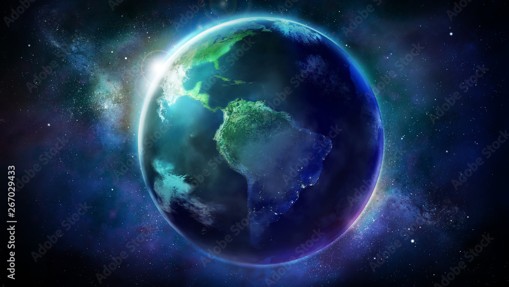 Realistic Earth from space showing North and South America. Realistic Earth from space showing North and South America.