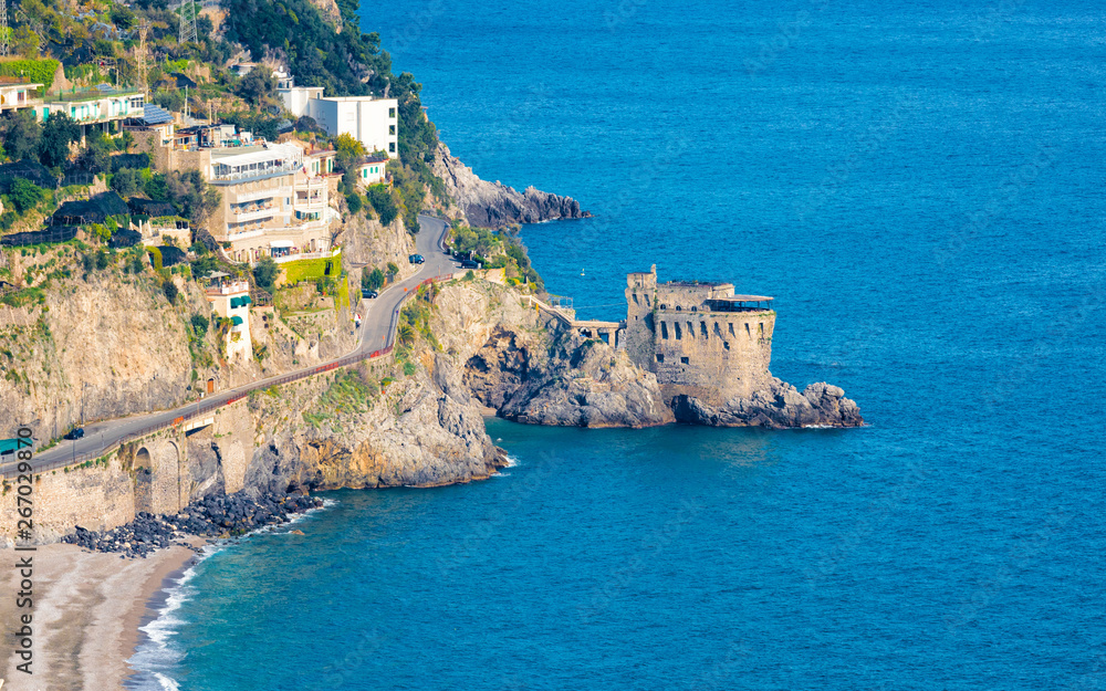 Aerial view of Amalfitan Coast near Maiori in province of Salerno, Campania, Italy