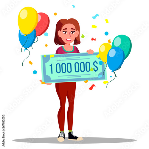 Character Happy Woman Holding Bank Check Vector. Lucky Female Won Jackpot In Lottery Check For One Million Dollars. Girl With Cheque, Balloons And Confetti Flat Cartoon Illustration
