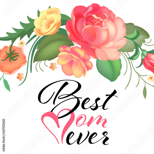 Fototapeta Naklejka Na Ścianę i Meble -  Mother's day greeting card with beautiful garden roses, leaves and blossom flowers. Typography poster.
