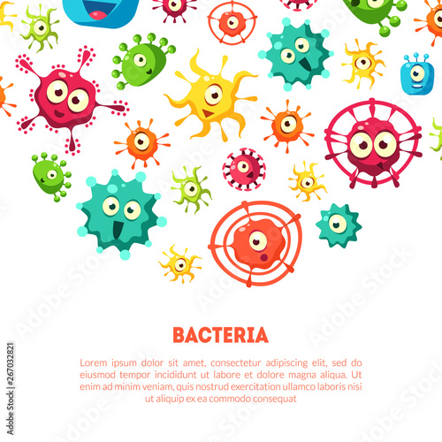 Bacteria Banner Template with Cute Colorful Microorganisms and Place for Text, Probiotics, Medicine or Dietary Supplements for Gastrointestinal Health Vector Illustration
