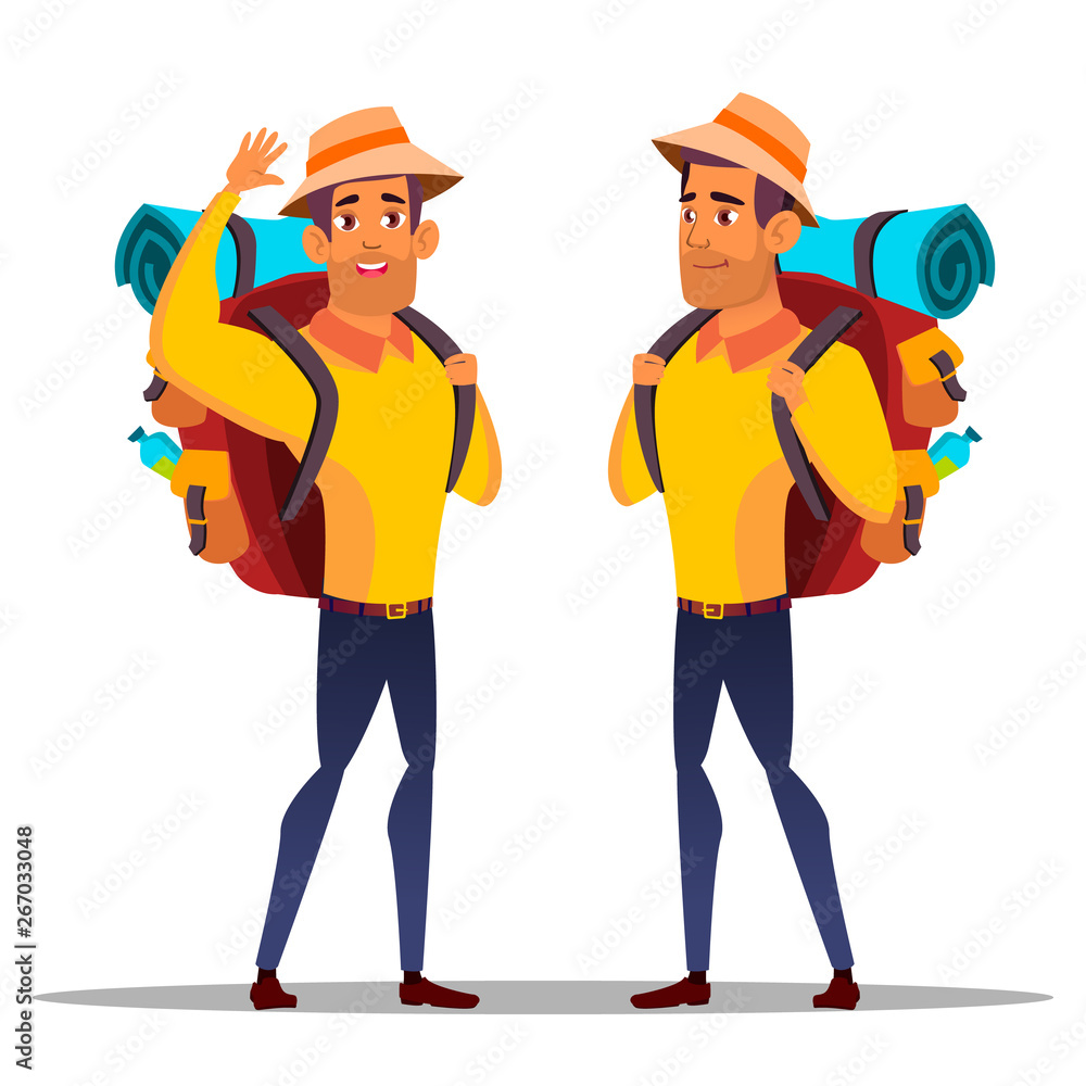 Character Man Hiker With Large Backpack Vector. Tourist Hiker Journey On  Mountain With Equipment Vacation. Healthy Summer Climbing Adventure Walking  Activity Flat Cartoon Illustration Stock Vector | Adobe Stock