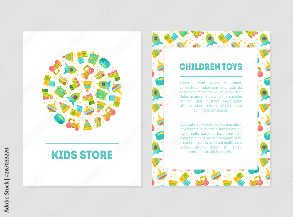 Kids Store Banner Templates with Cute Baby Toys and Place for Text, Design Element Can Be Used for Card, Label, Invitation, Certificate, Flyer, Coupon Vector Illustration