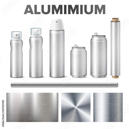 Aluminium And Product Made From Metal Stuff Vector. Aluminium Blank Beer Or Soda Glossy Bottle, Aerosol Spray, Foil And Circular Brushed Steel Material Texture. Realistic 3d Illustration