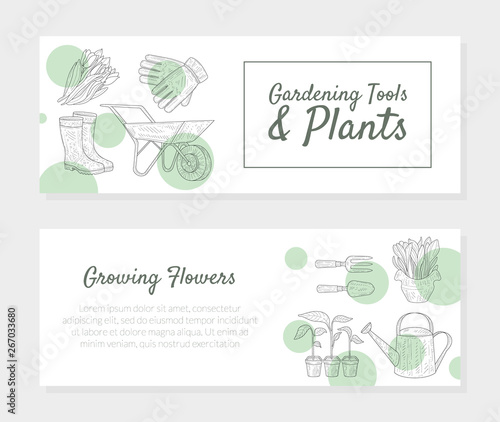 Gardening Tools and Plants, Growing Flowers Horizontal Banners Set, eason Gardening and Horticulture Vector Illustration