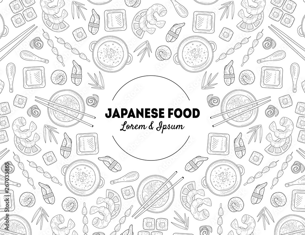 Japanese Food Banner Template with Hand Drawn Seamless Pattern, Asian Cuisine Card Template For Restaurant or Cafe Menu Vector Illustration