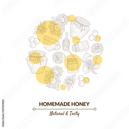 Organic Honey Banner Template with Hand Drawn Pattern in Circular Shape, Natural Sweet Healthy Food, Design Element Can Be Used for Card, Label, Invitation, Certificate Vector Illustration © topvectors