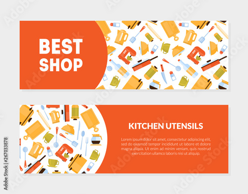 Best Shop, Kitchen Utensils Banner Templates Set with Cooking Tools Pattern Vector Illustration