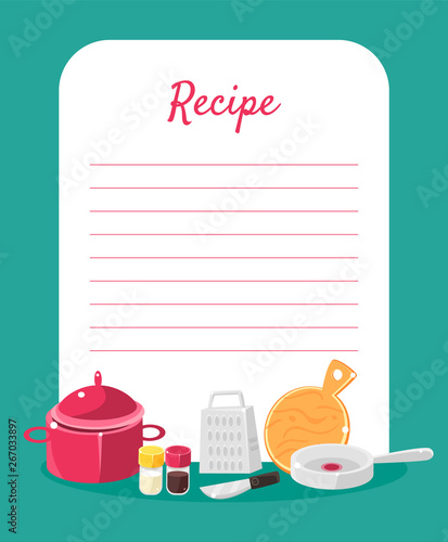 Recipe Cookbook Decorated with Kitchen Tools, Card with Lines for Recipe Placement Vector Illustration