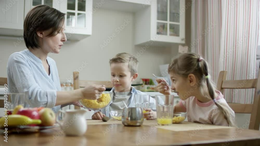 mother put cornflakes from bowl on the plate with a spoon to her son while daughter eating mother put cornflakes from bowl on the plate with a spoon to her son while daughter eating