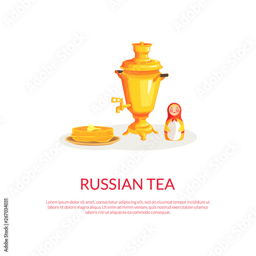 Russian Tea Banner Template with Place for Text and Russian Culture Symbols, Samovar, Matryoshka, Pancakes Vector Illustration