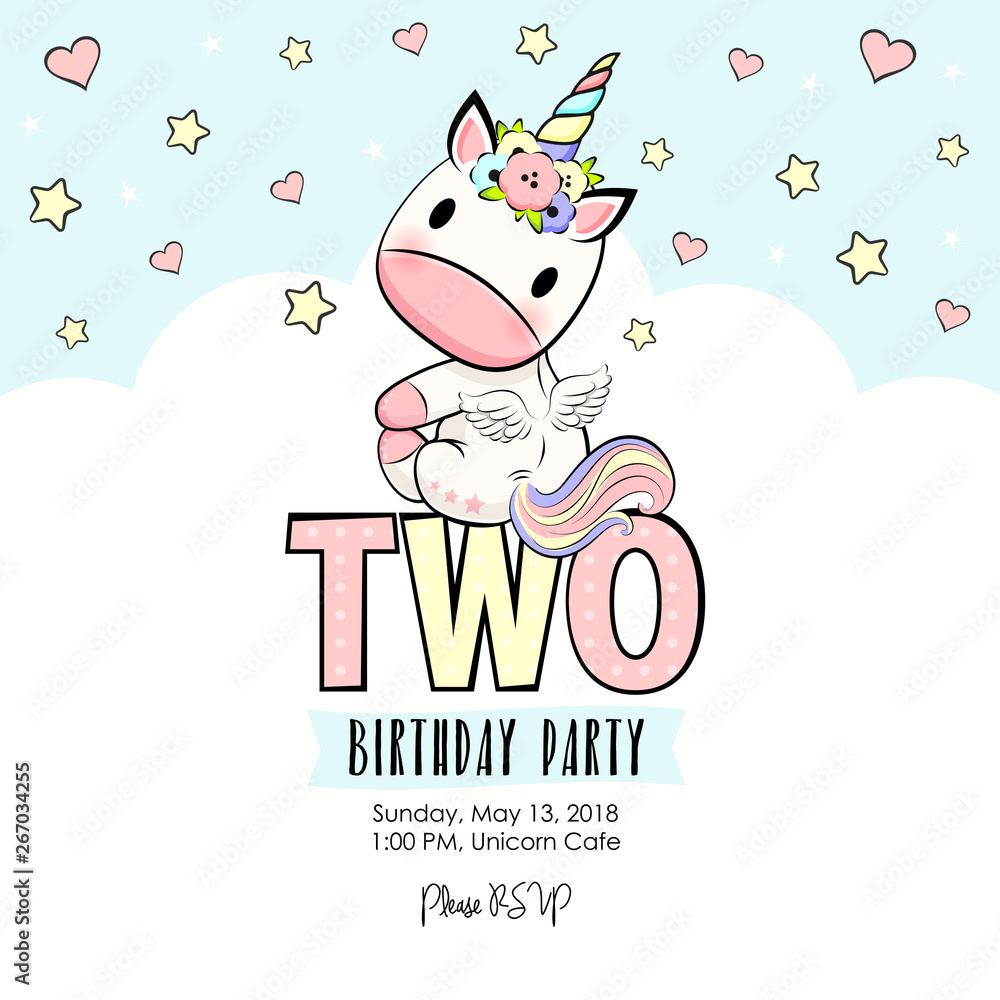 Obraz premium Two Birthday party invitation with baby unicorn