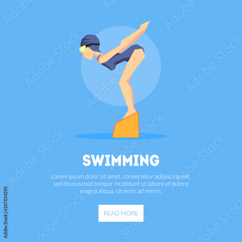 Girl Swimmer at Starting Point Banner Template, Design Element Can Be Used for Landing Page, Mobile App, Website Vector Illustration