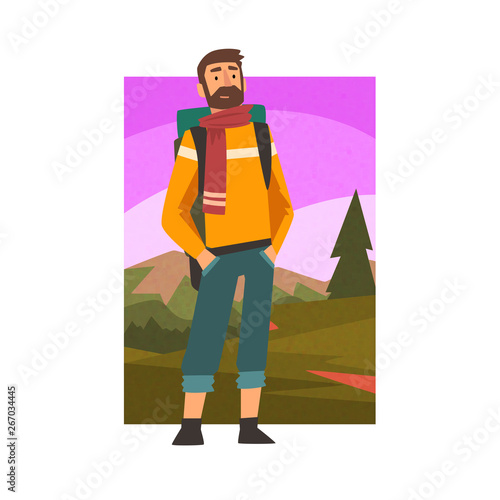 Bearded Man Travelling with Backpack, Male Traveller in Summer Mountain Landscape, Outdoor Activity, Travel, Camping, Backpacking Trip or Expedition Vector Illustration