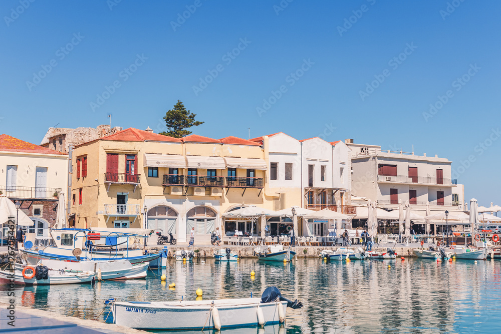 Colourful buildings in the Venetian harbour village of Rethymno on Crete