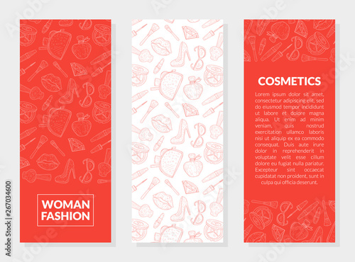 Woman Fashion  Cosmetics Banner Templates Set with Place for Text  Makeup Products and Female Beauty Elements Hand Drawn Pattern  Design Element Can Be Used for Card  Label Vector Illustration