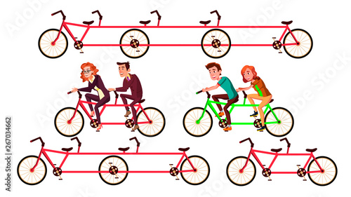 Bicycle Tandem Riding By Characters Set Vector. Bycicle For Friends Activity Healthy Time Or Joint Trip To Work. Happy Smiling Man And Woman Pedaling Quintbike Flat Cartoon Illustration