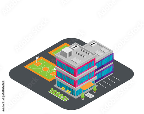 ector isometric icon representing school or university building with basketball stadium on the schoolyard