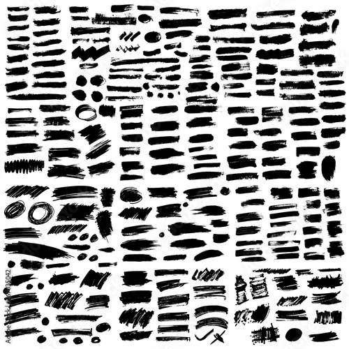 Giant set of black brush strokes. Paint, ink, brushes, lines, grunge. Strokes text. Dirty artistic design elements, boxes, frames. Freehand drawing. Vector illustration. Isolated on white background.