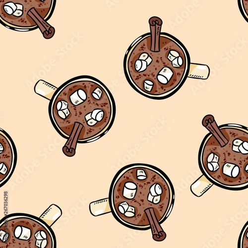 Cacao hot chocolate with marshmallow cute cartoon seamless pattern