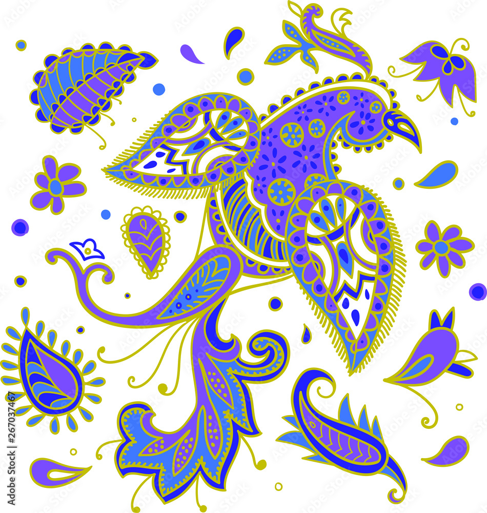 Vector seamless pattern. Firebird and floral elements in Paisley style. 