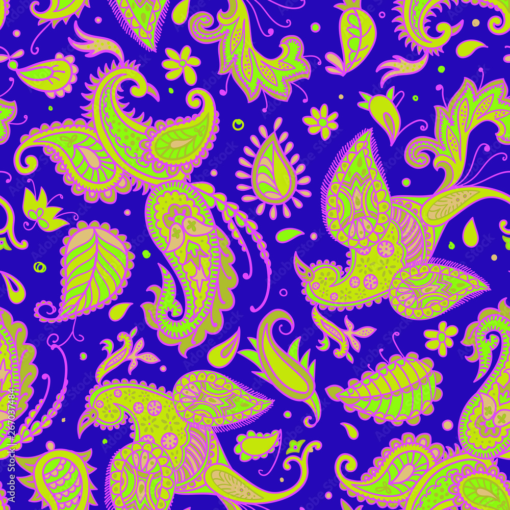 Naklejka premium Vector seamless pattern. Firebirds and floral elements in Paisley style.