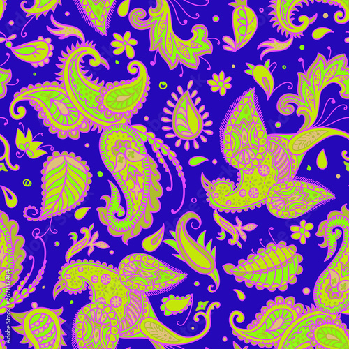 Vector seamless pattern. Firebirds and floral elements in Paisley style. 