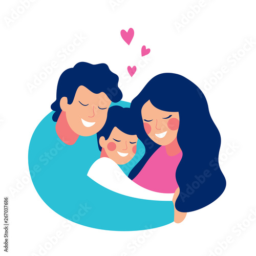 A smiling man embraces his family with love and care. Mother and son in father's arms. Vector illustration isolated of white background