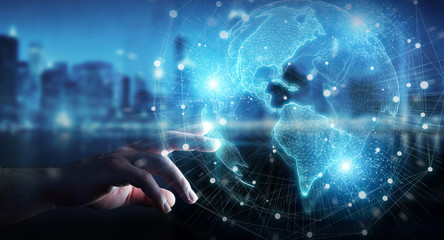 Businessman hand using America USA map globe network hologram 3D rendering