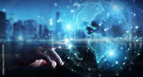 Businessman hand using America USA map globe network hologram 3D rendering