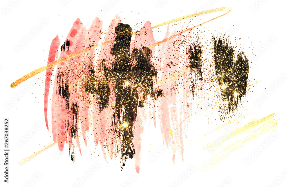 Golden glitter on abstract pink, black and gold watercolor splashes in ...