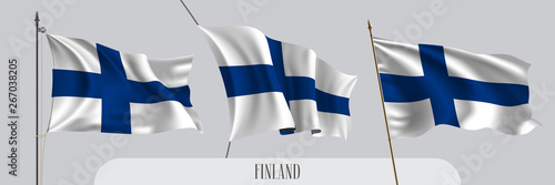 Set of Finland waving flag on isolated background vector illustration