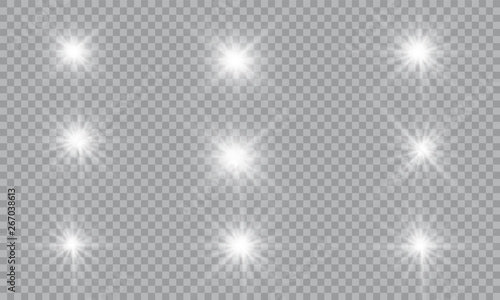 Glow light effect. Vector illustration. Christmas flash Concept. Vector illustration of abstract flare light rays. A set of stars, light and radiance, rays and brightness. Glow light effect.