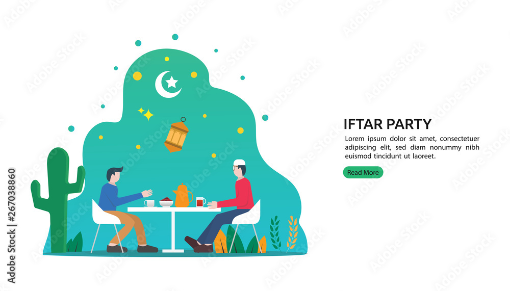 Breaking fast in eating feast party concept. Moslem family dinner on Ramadan Kareem or celebrating Eid with people character. web landing page template, banner, presentation, social or print media Breaking fast in eating feast party concept. Moslem family dinner on Ramadan Kareem or celebrating Eid with people character. web landing page template, banner, presentation, social or print media