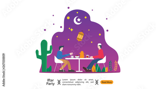 Breaking fast in eating feast party concept. Moslem family dinner on Ramadan Kareem or celebrating Eid with people character. web landing page template, banner, presentation, social or print media
