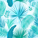 Tropical blue palm leaves, jungle seamless pattern