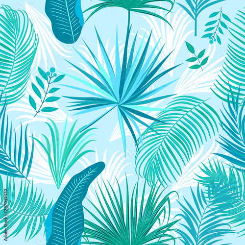 Tropical blue palm leaves  jungle seamless pattern