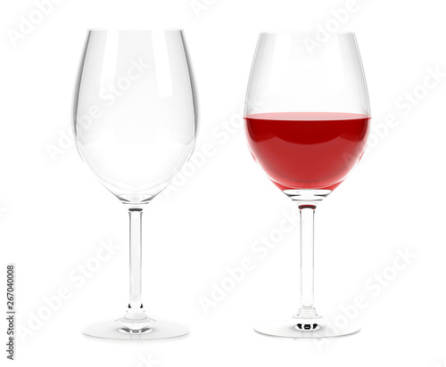 Glass of red wine and empty glass. 3d rendering illustration isolated