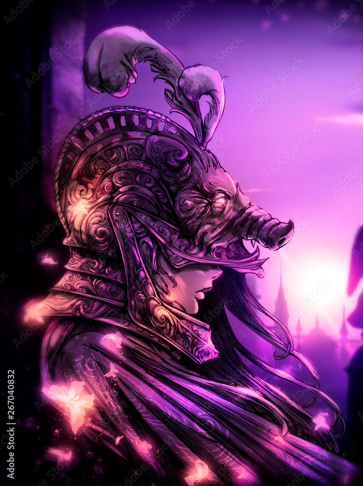 Girl knight in a strange helmet in the shape of a boar with glowing eyes Girl knight in a strange helmet in the shape of a boar with glowing eyes