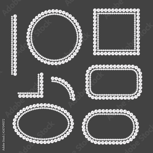 Set of pearl frames isolated on gray background. Vector borders and corners. White pearls.