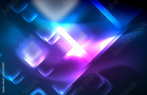 Neon glowing techno lines, hi-tech futuristic abstract background template with square shapes