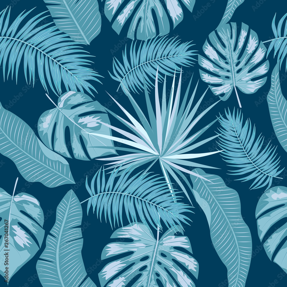 Tropical blue palm leaves, jungle seamless pattern