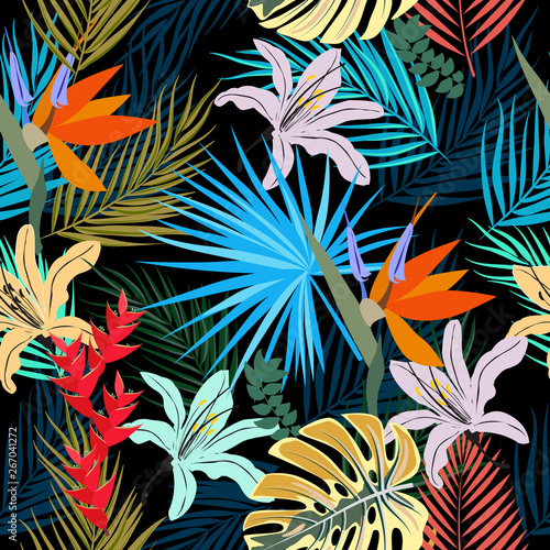 Seamless pattern of leaves monstera  flowers  tropical leaves of palm tree.