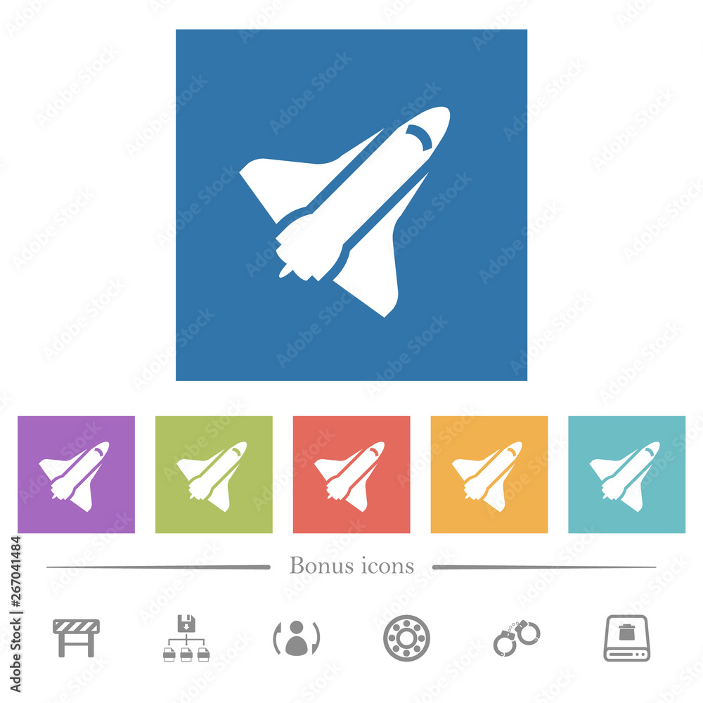 Space shuttle flat white icons in square backgrounds
