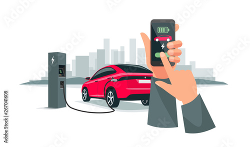 Modern vector illustration of autonomous plug electric car charging at charger station controlled via smartphone charging app. Hands holding phone with smart battery charge application. City skyline.