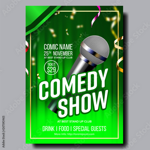 Modern Stylish Banner Flyer Of Comedy Show Vector. Microphone, Multicolored Confetti, Green Curtain And Info Text Of Time, Ticket Price And Comic Name On Comedy Banner. Realistic 3d Illustration