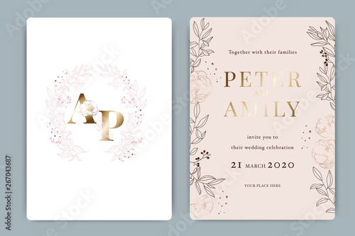 Golden Pink Wedding Invitation, floral invite thank you, rsvp modern card Design in white Peony  with red berry and leaf greenery  branches decorative Vector elegant rustic template
